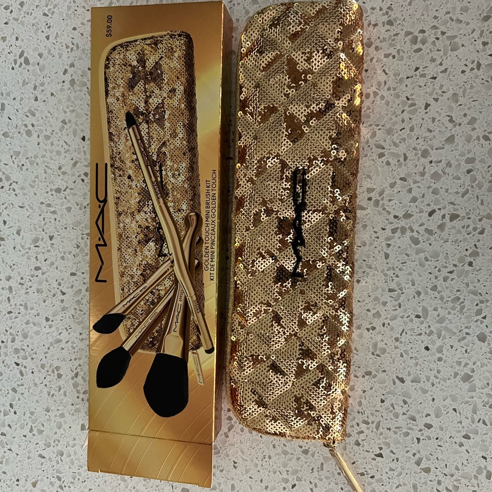 MAC Golden Touch Mini Brush Kit in Sequin Pouch NIB